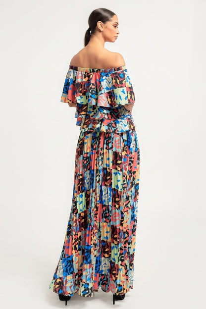 Printed Ruffle Top And Pleated Skirt Set - All Season Fashion