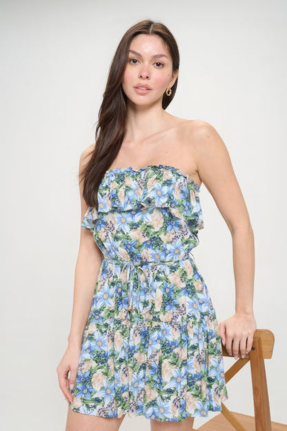 Berry Flower Ruffle Tube Top Mini Dress - All Season Fashion