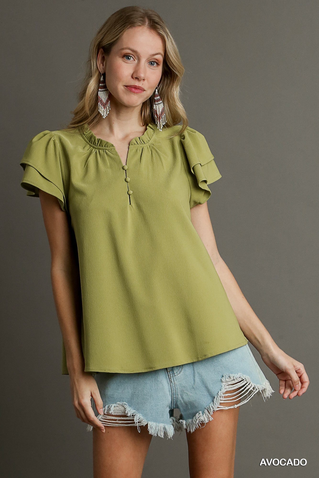 Boxy Cut Faux Button Ruffle Neckline Top With Short Layered Sleeves - All Season Fashion