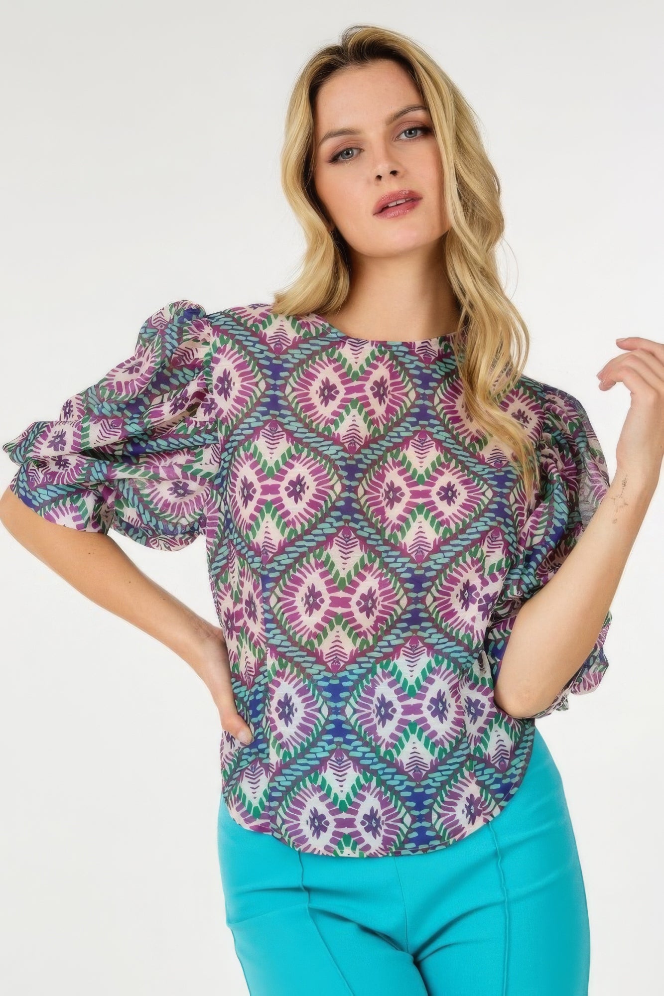 Puff Sleeve Multi-print Top - All Season Fashion