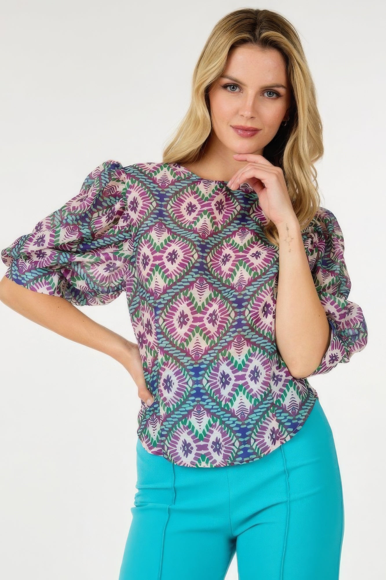 Puff Sleeve Multi-print Top - All Season Fashion