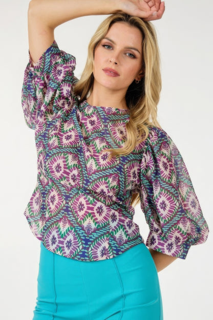 Puff Sleeve Multi-print Top - All Season Fashion