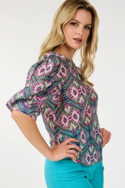 Puff Sleeve Multi-print Top - All Season Fashion
