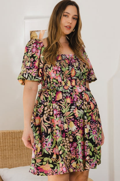 Plus Floral Printed Center Tie-back Mini Dress - All Season Fashion