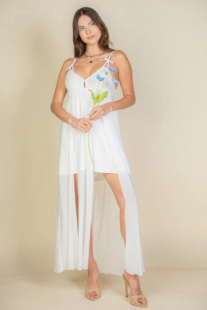 Plunge Neck Split Thigh Mesh Maxi Dress - All Season Fashion