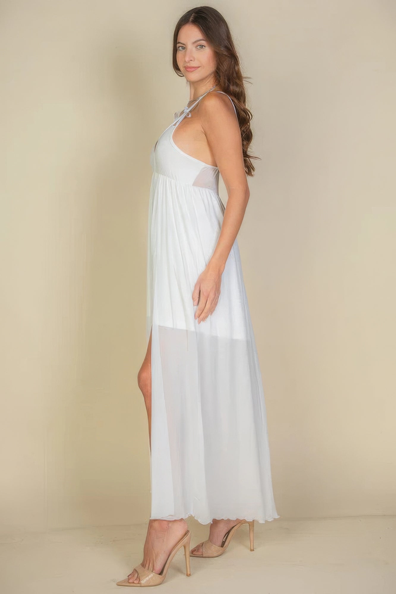 Plunge Neck Split Thigh Mesh Maxi Dress - All Season Fashion
