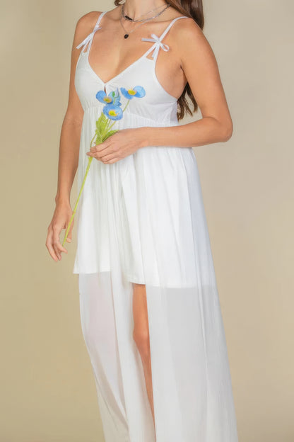 Plunge Neck Split Thigh Mesh Maxi Dress - All Season Fashion