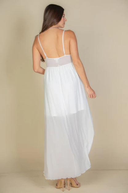Plunge Neck Split Thigh Mesh Maxi Dress - All Season Fashion