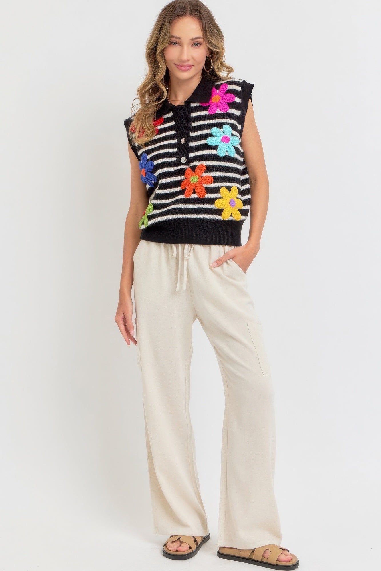 Flower Patch Stripe Knit Top - All Season Fashion