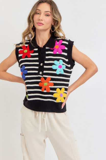 Flower Patch Stripe Knit Top - All Season Fashion