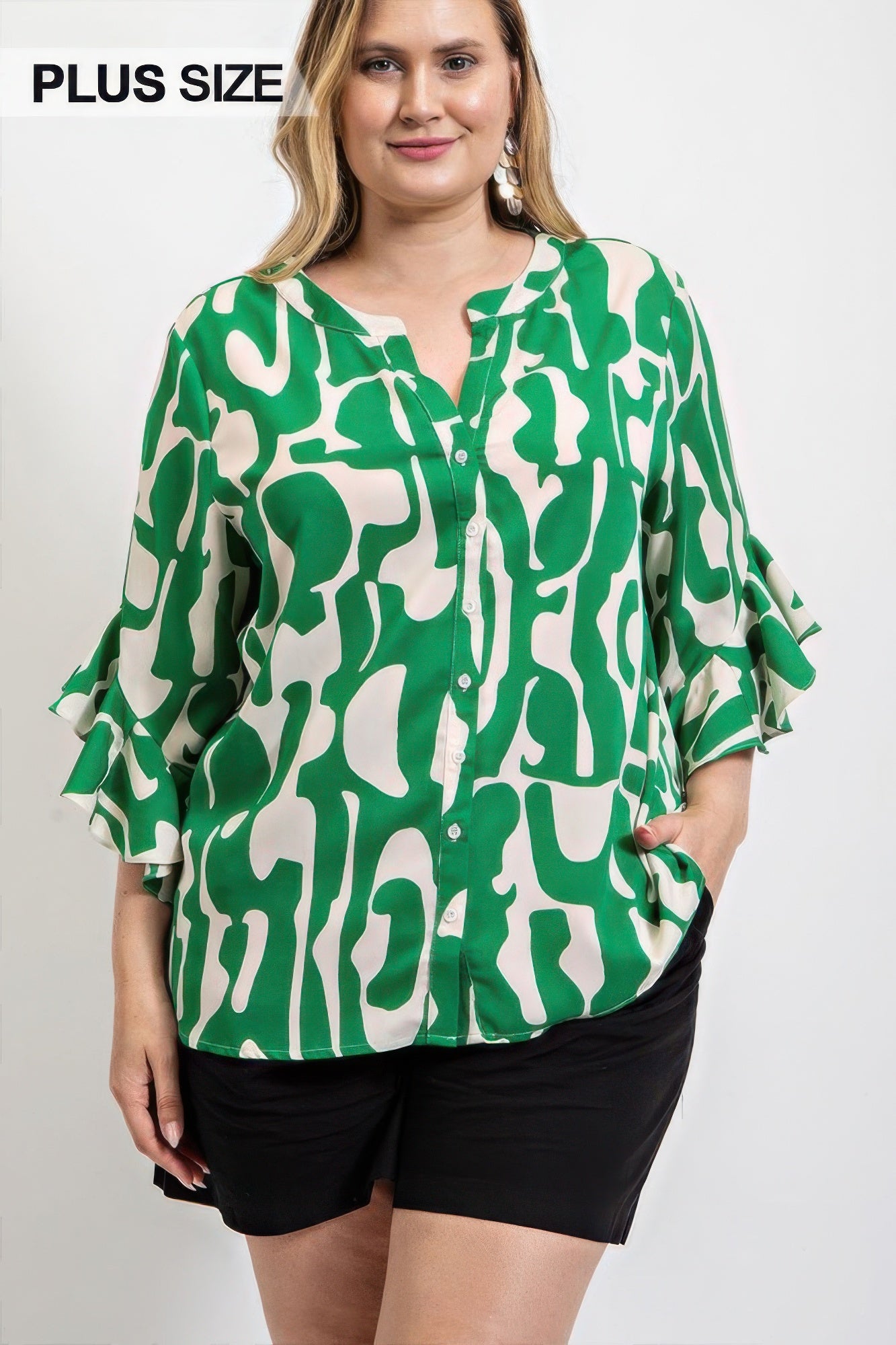 Geometric print ruffled bell sleeve woven top - All Season Fashion