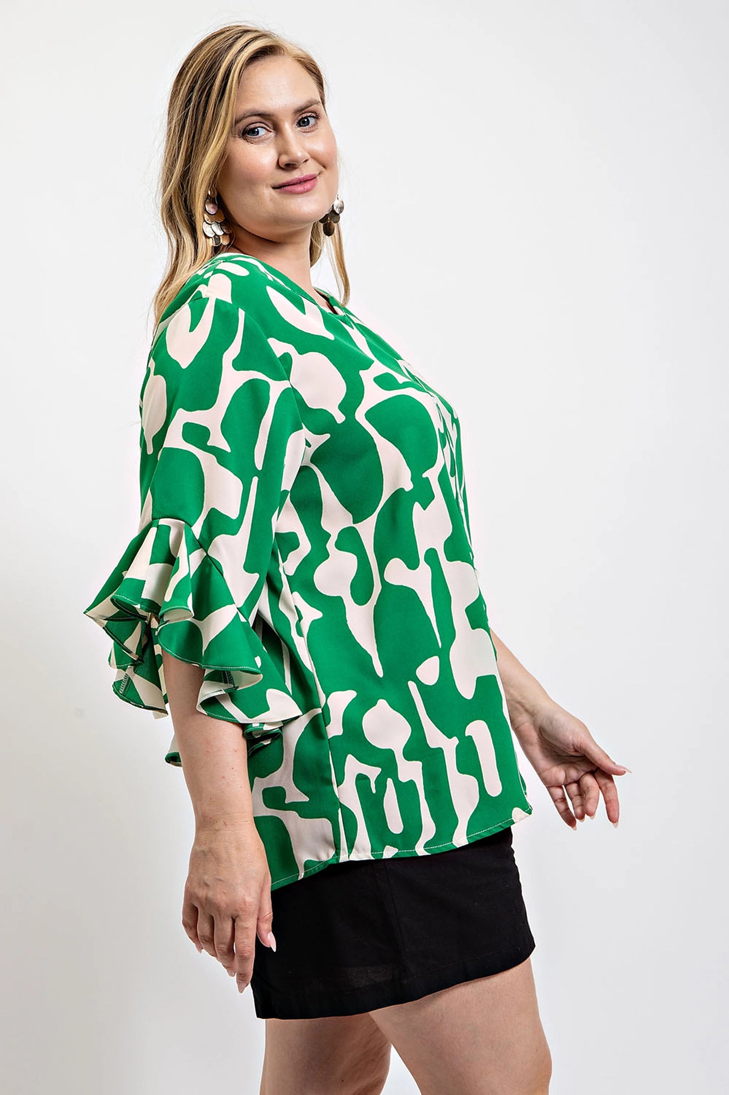 Geometric print ruffled bell sleeve woven top - All Season Fashion