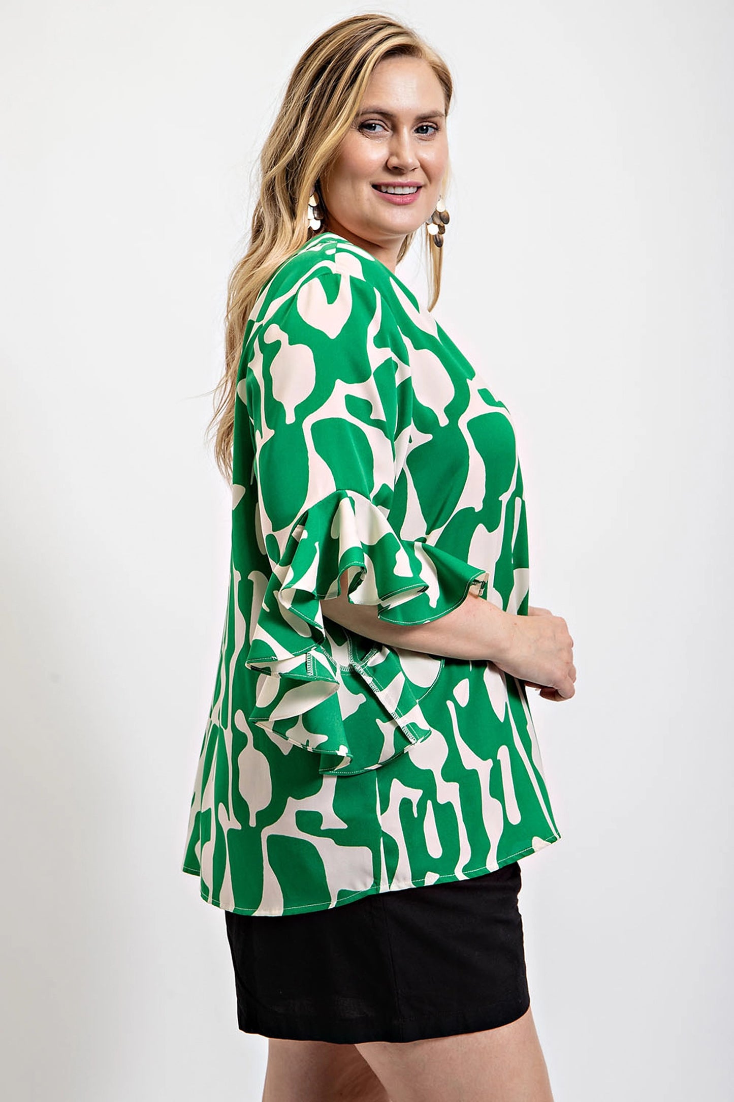 Geometric print ruffled bell sleeve woven top - All Season Fashion