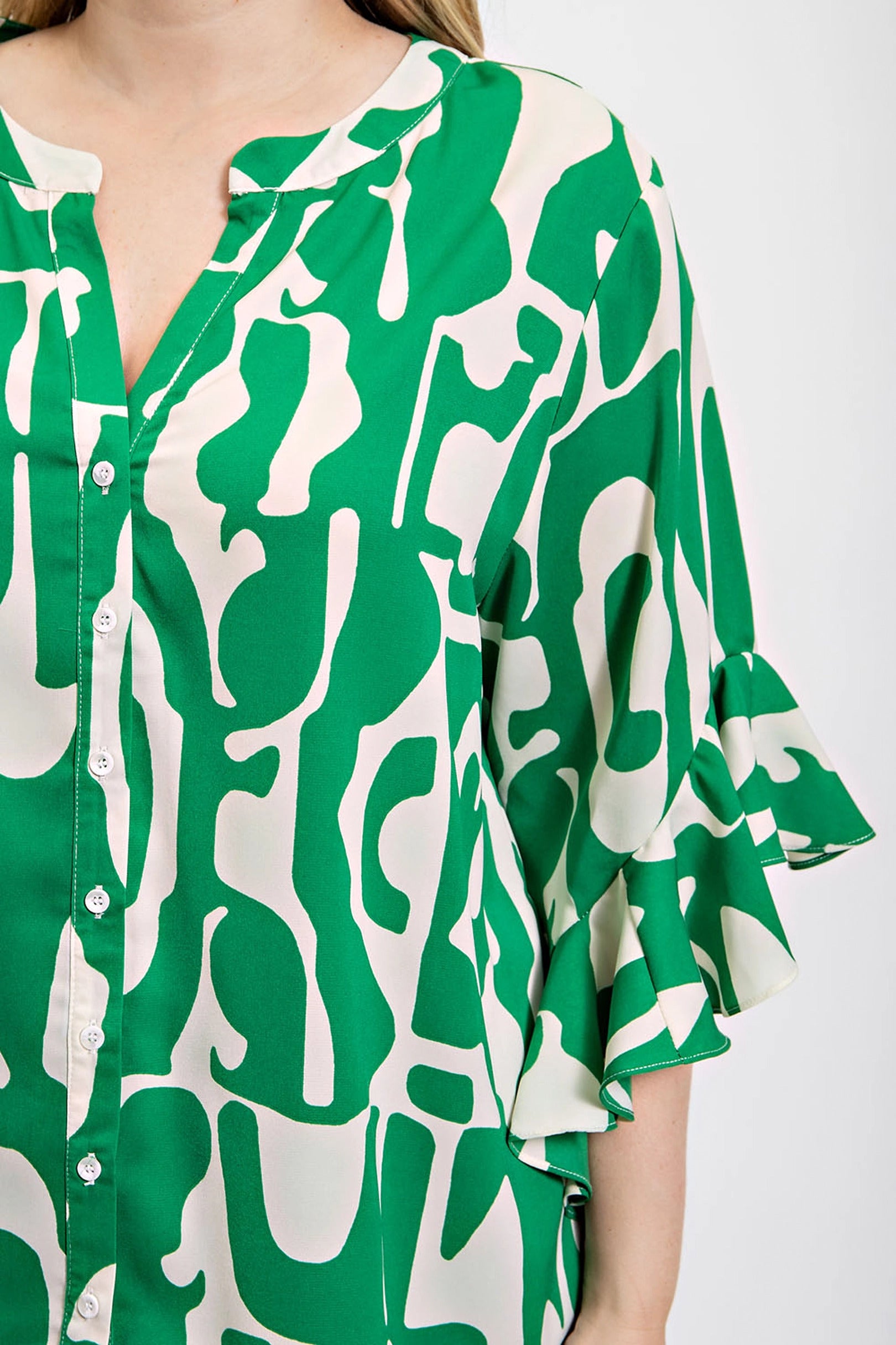 Geometric print ruffled bell sleeve woven top - All Season Fashion