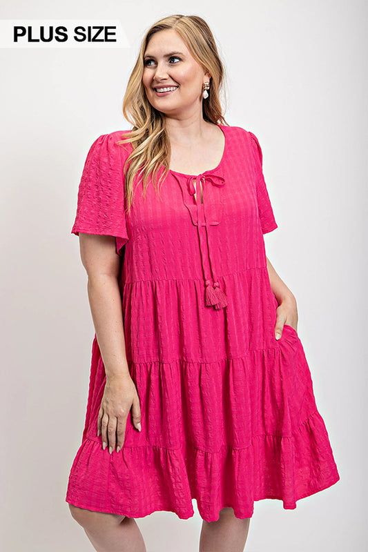 Textured woven tiered dress with tassel tie and pockets - All Season Fashion