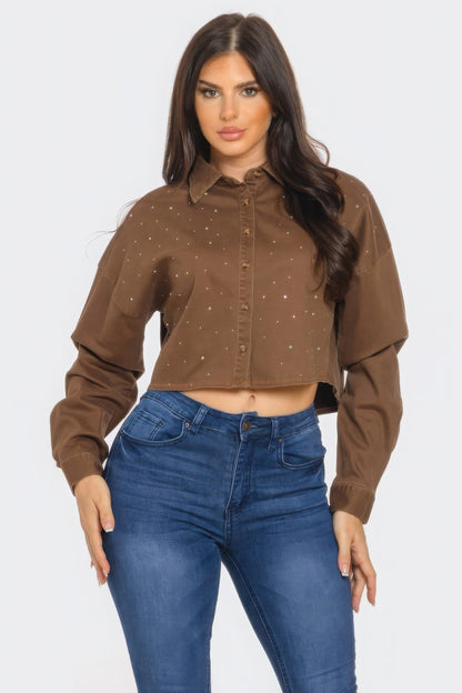 Bling Denim Button Down Shirt - All Season Fashion