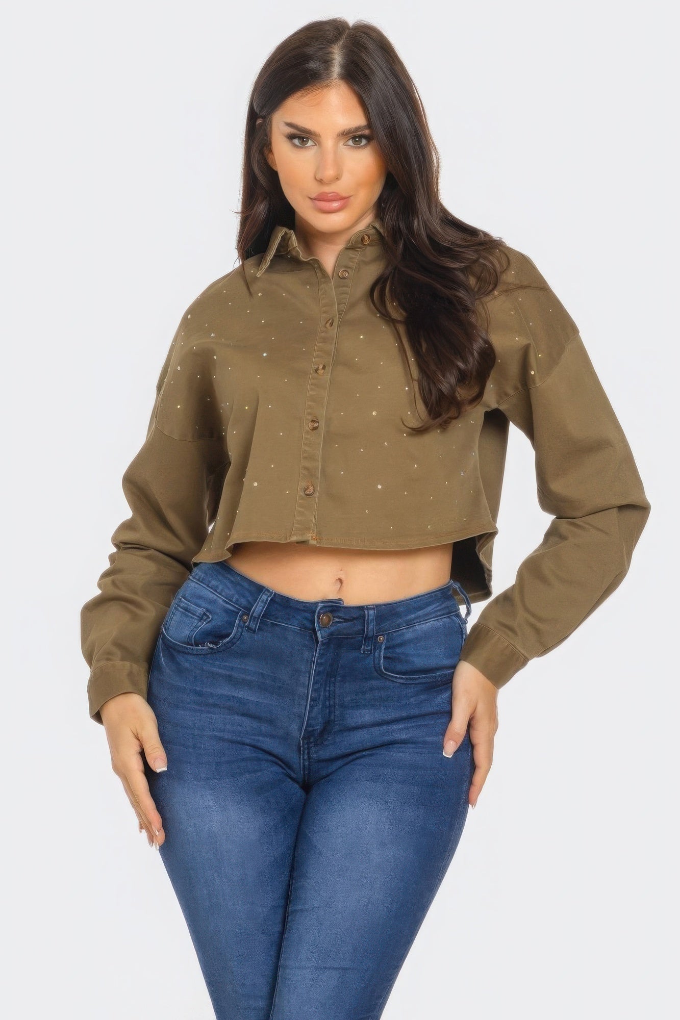 Bling Denim Button Down Shirt - All Season Fashion