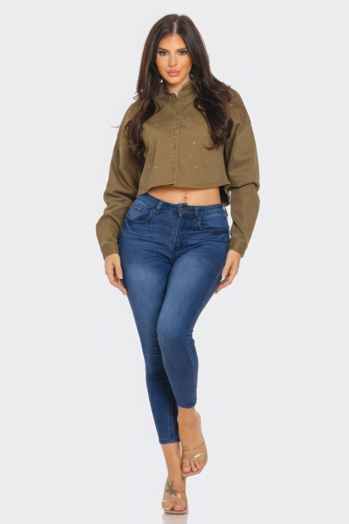 Bling Denim Button Down Shirt - All Season Fashion