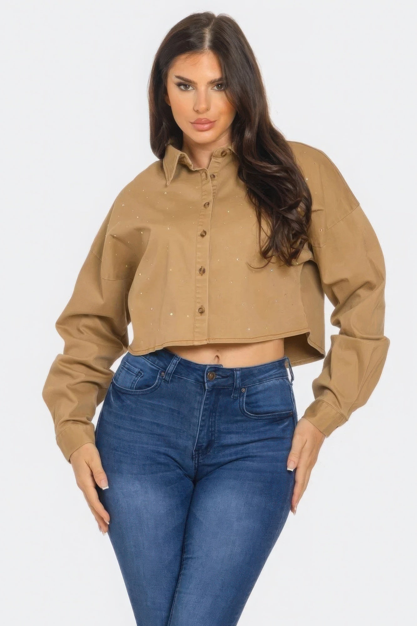 Bling Denim Button Down Shirt - All Season Fashion