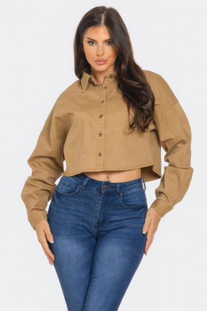 Bling Denim Button Down Shirt - All Season Fashion