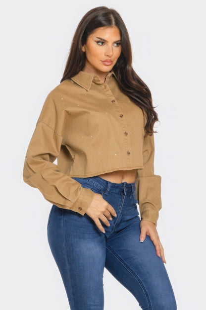 Bling Denim Button Down Shirt - All Season Fashion