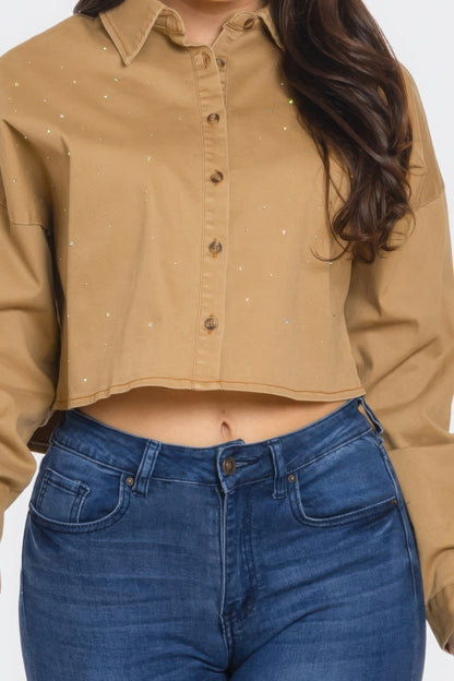 Bling Denim Button Down Shirt - All Season Fashion