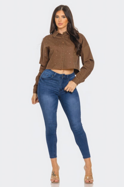 Bling Denim Button Down Shirt - All Season Fashion