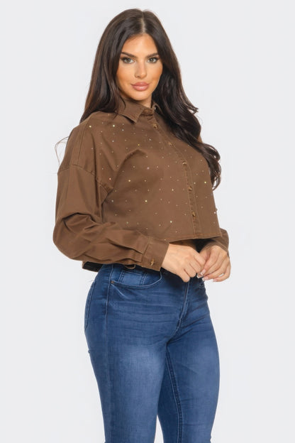 Bling Denim Button Down Shirt - All Season Fashion