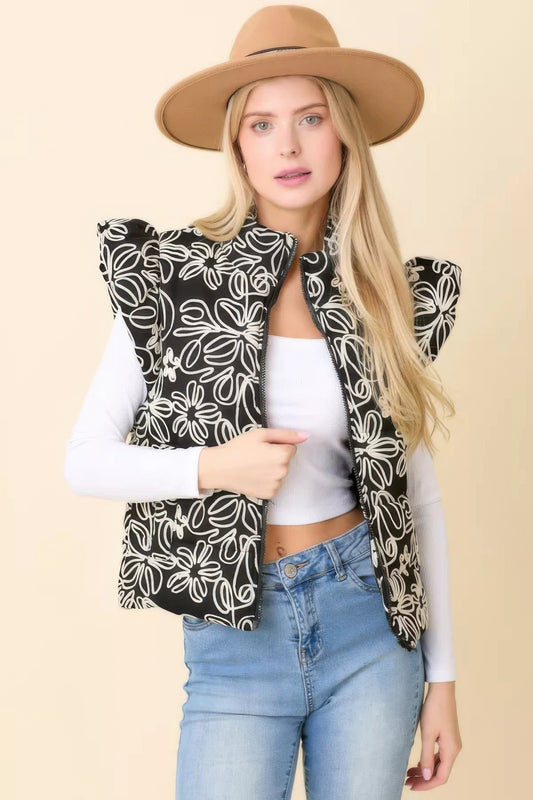 Floral Velvet Embroidered Denim Puffer Vest - All Season Fashion