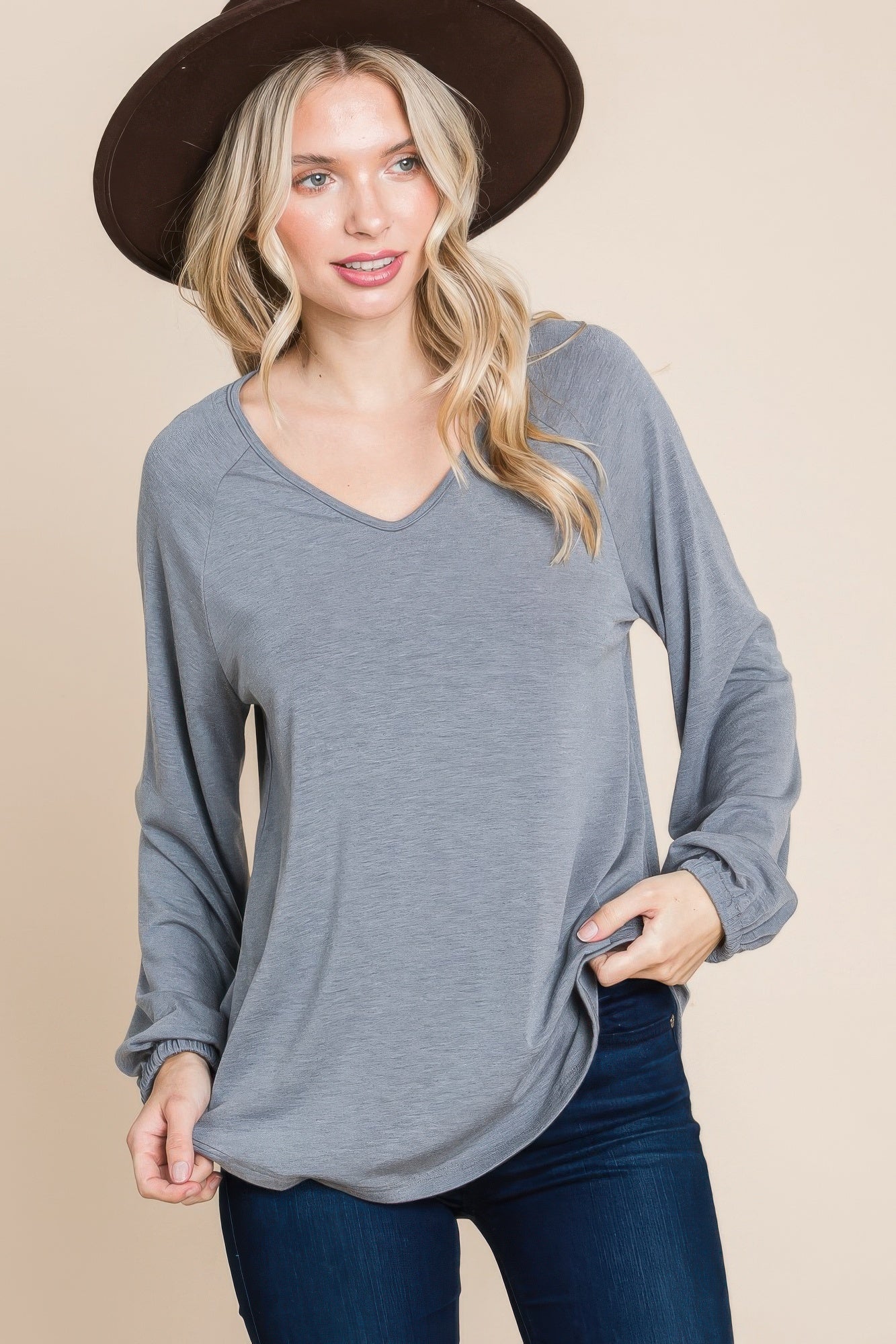 Casual V Neck Basic Long Sleeve Top - All Season Fashion
