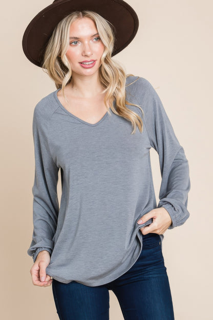 Casual V Neck Basic Long Sleeve Top - All Season Fashion