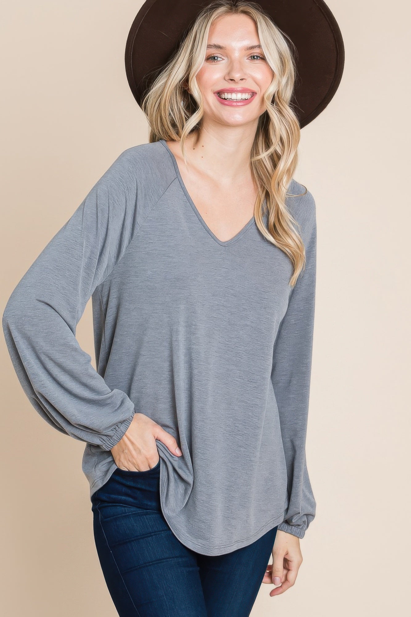 Casual V Neck Basic Long Sleeve Top - All Season Fashion
