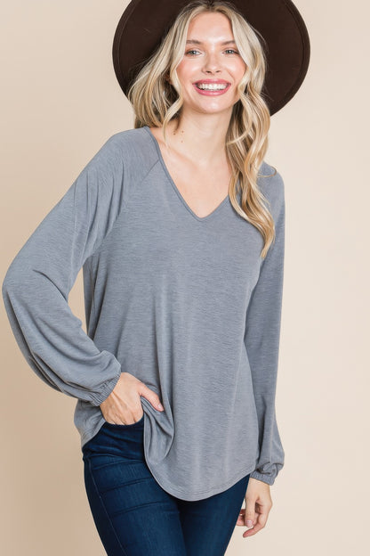 Casual V Neck Basic Long Sleeve Top - All Season Fashion