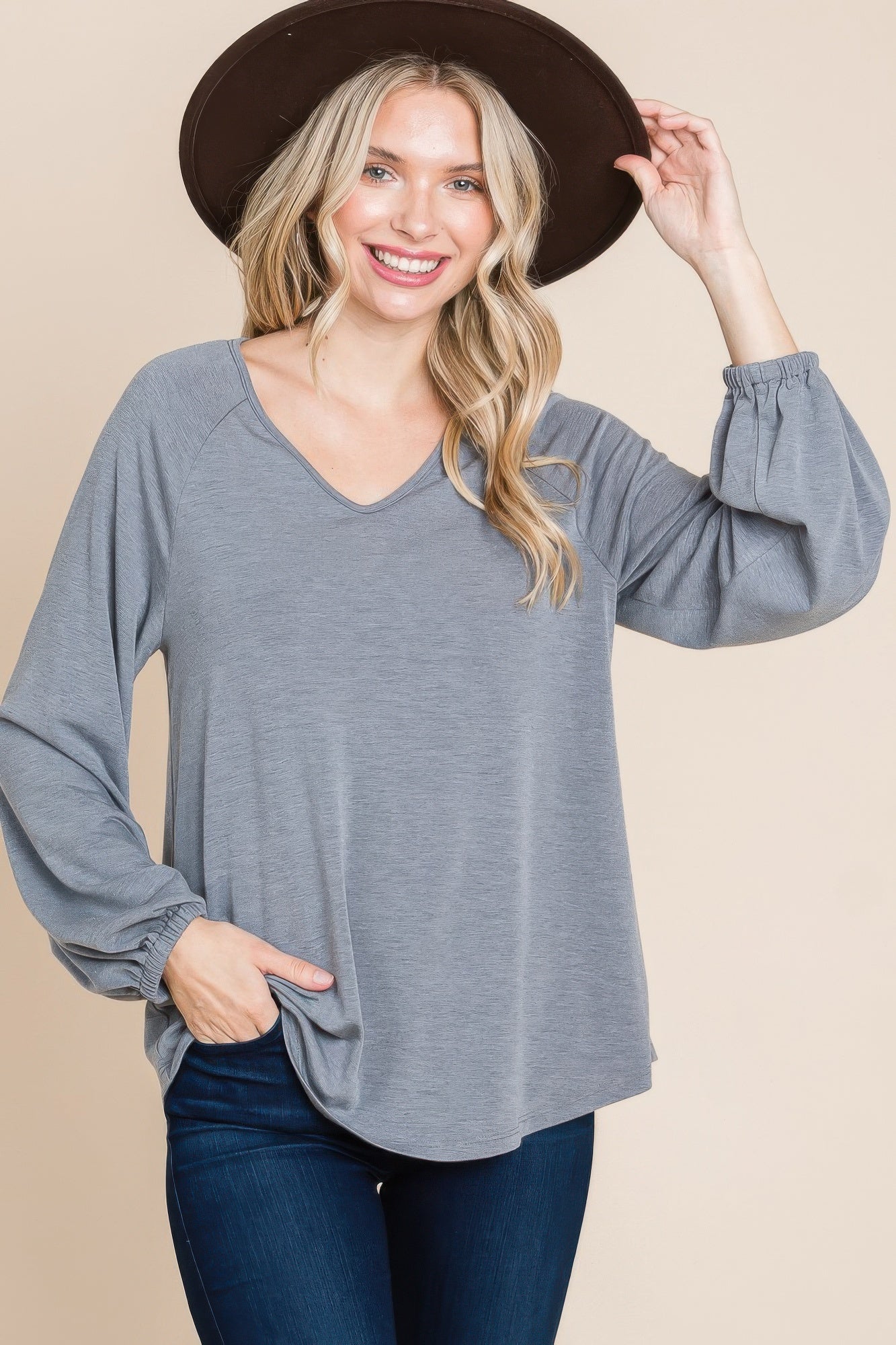 Casual V Neck Basic Long Sleeve Top - All Season Fashion