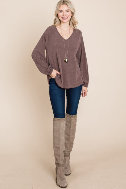 Casual V Neck Basic Long Sleeve Top - All Season Fashion