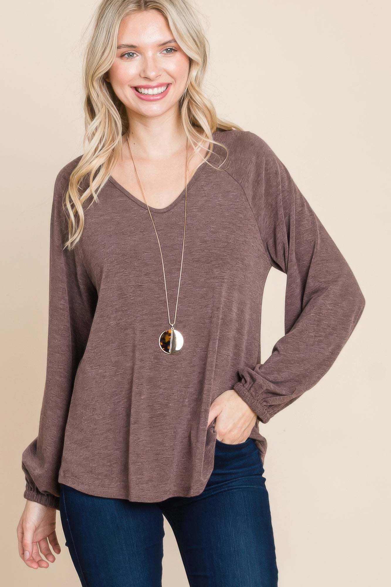 Casual V Neck Basic Long Sleeve Top - All Season Fashion