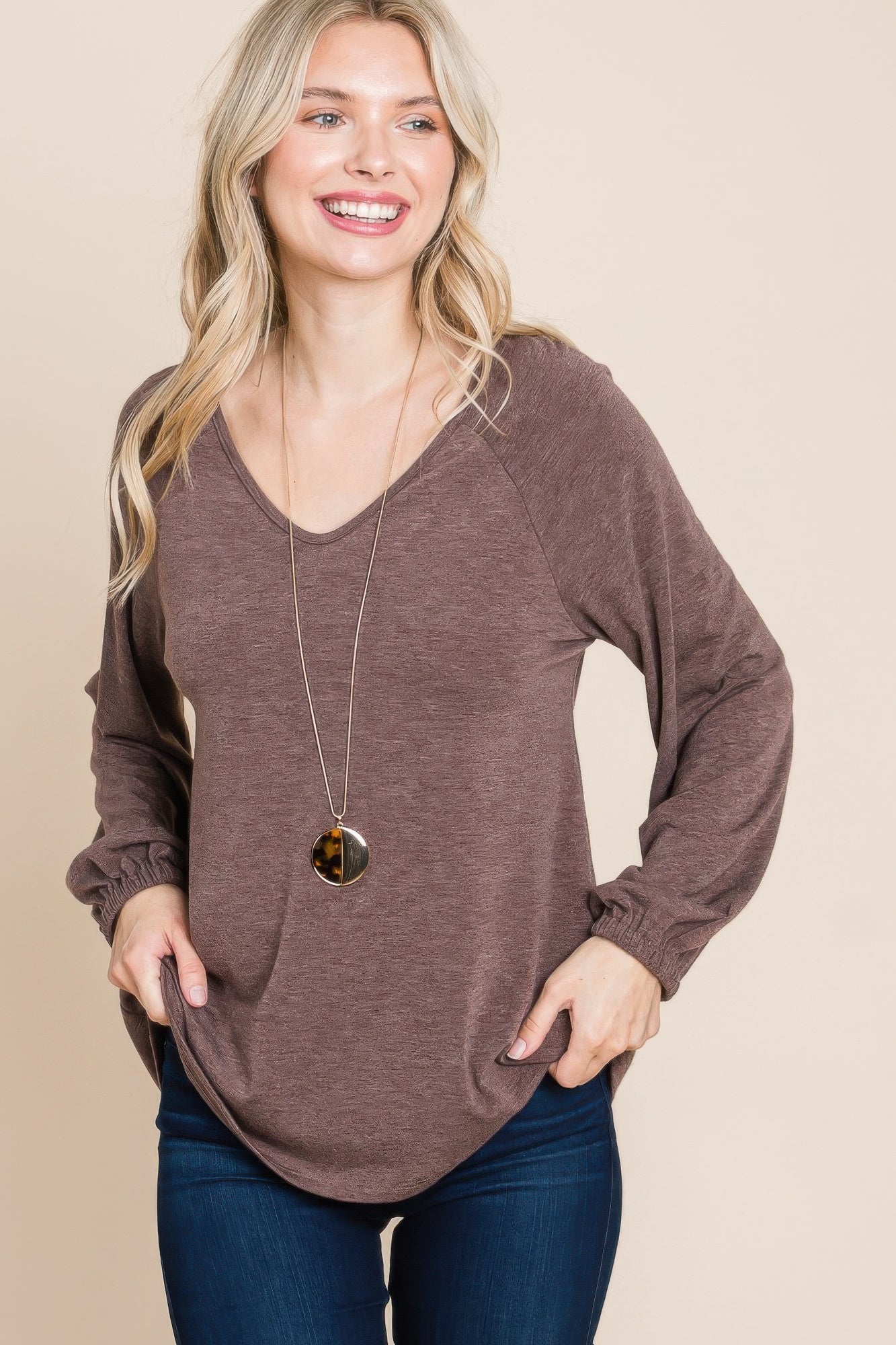 Casual V Neck Basic Long Sleeve Top - All Season Fashion
