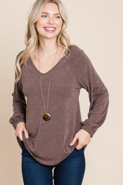 Casual V Neck Basic Long Sleeve Top - All Season Fashion