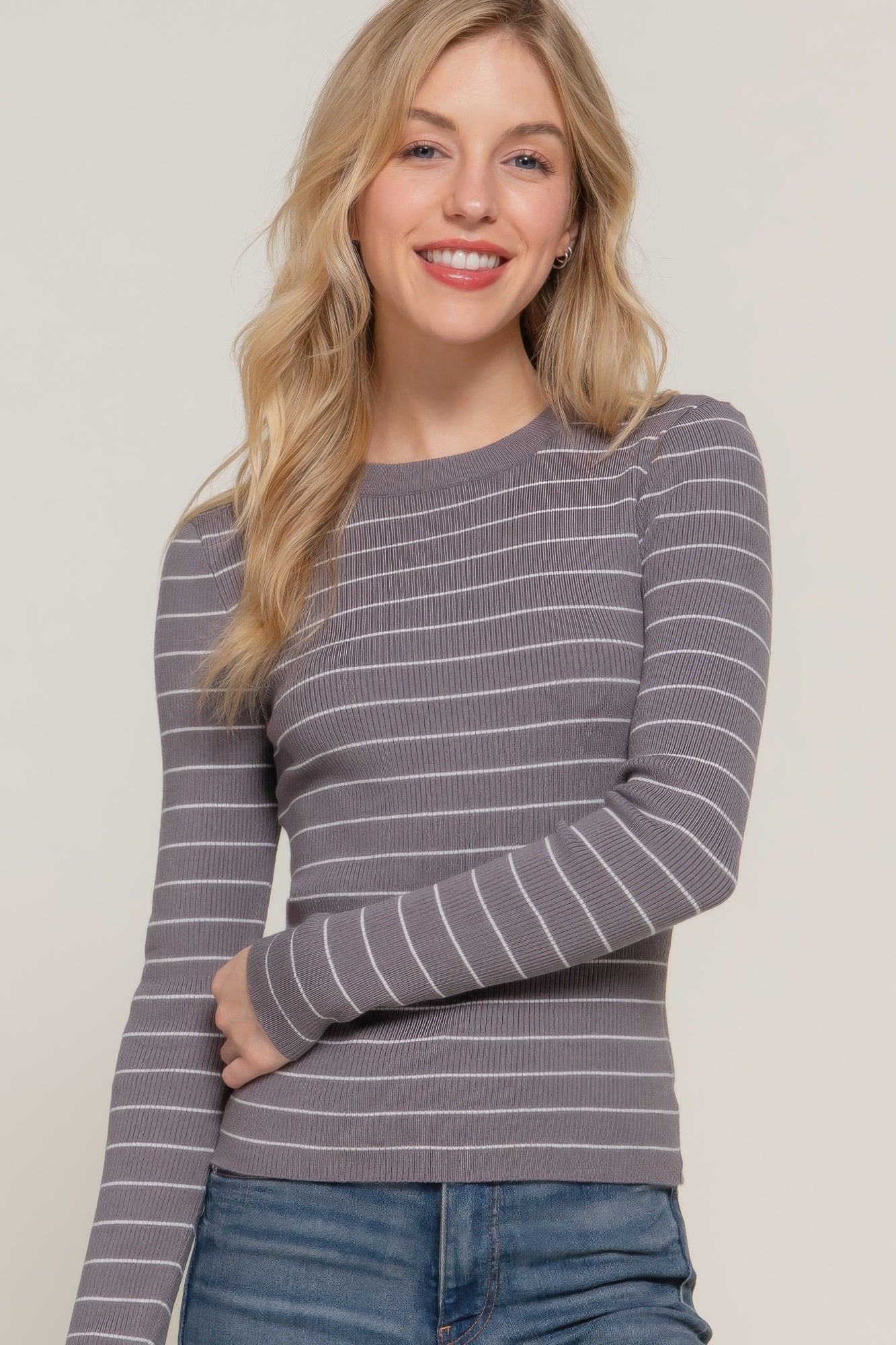 Long slv crew neck stripe sweater - All Season Fashion