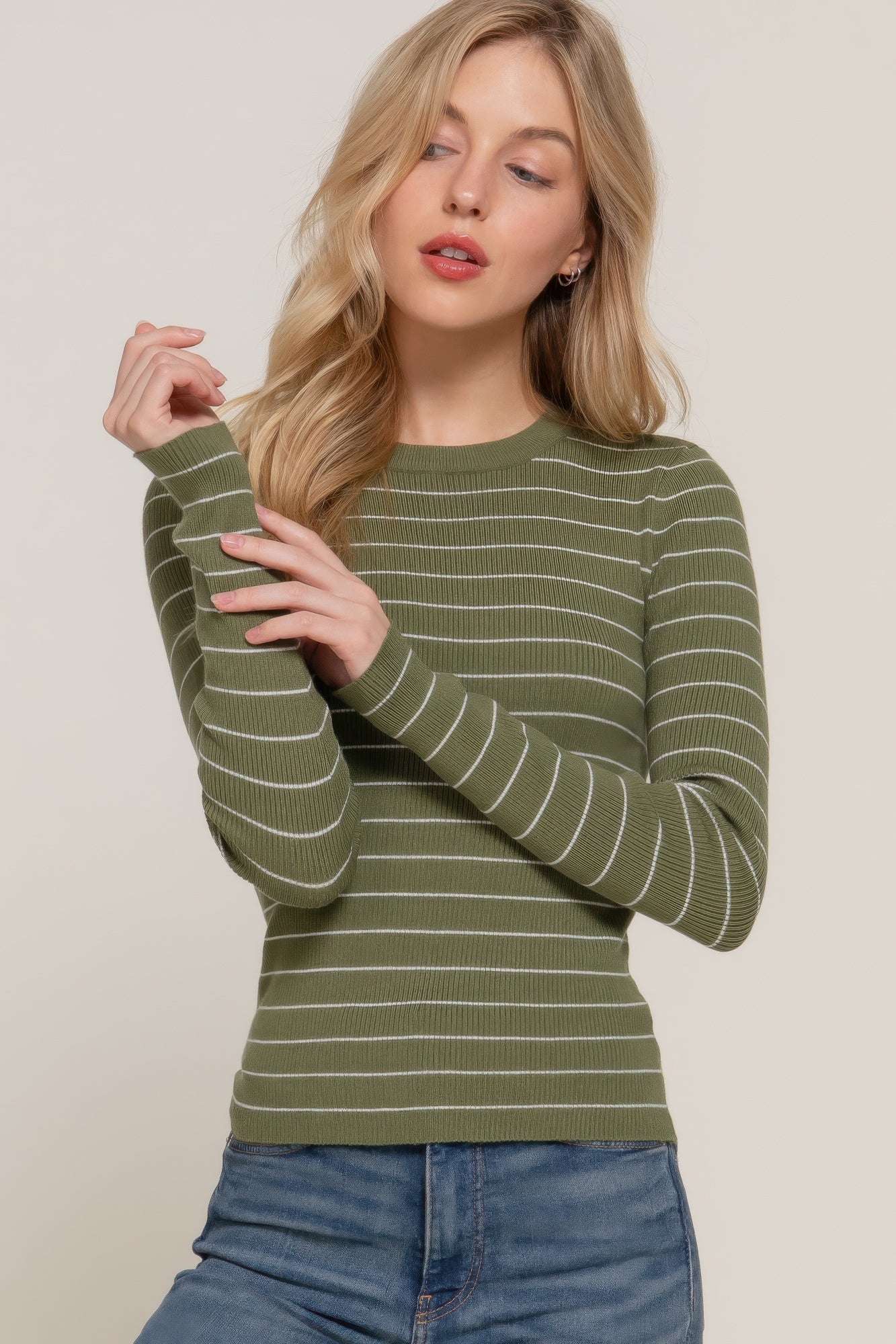 Long slv crew neck stripe sweater - All Season Fashion