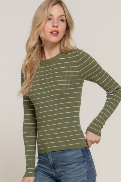 Long slv crew neck stripe sweater - All Season Fashion