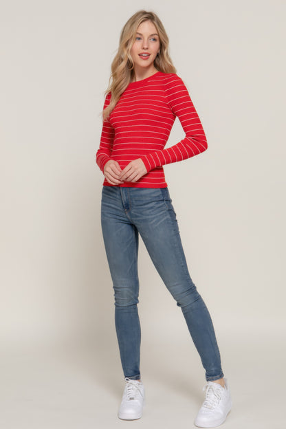 Long slv crew neck stripe sweater - All Season Fashion