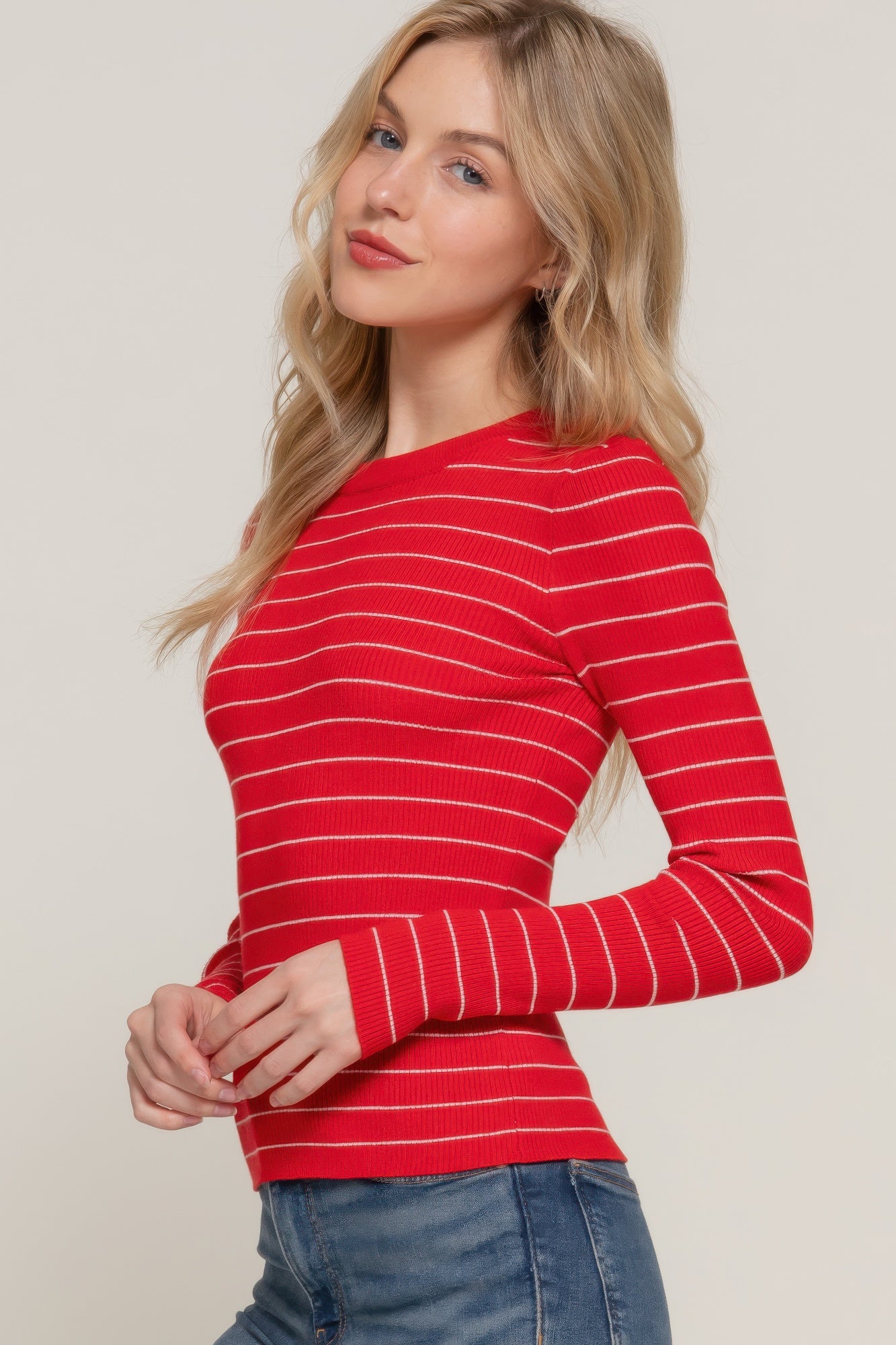 Long slv crew neck stripe sweater - All Season Fashion