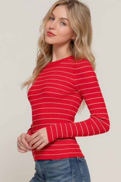 Long slv crew neck stripe sweater - All Season Fashion