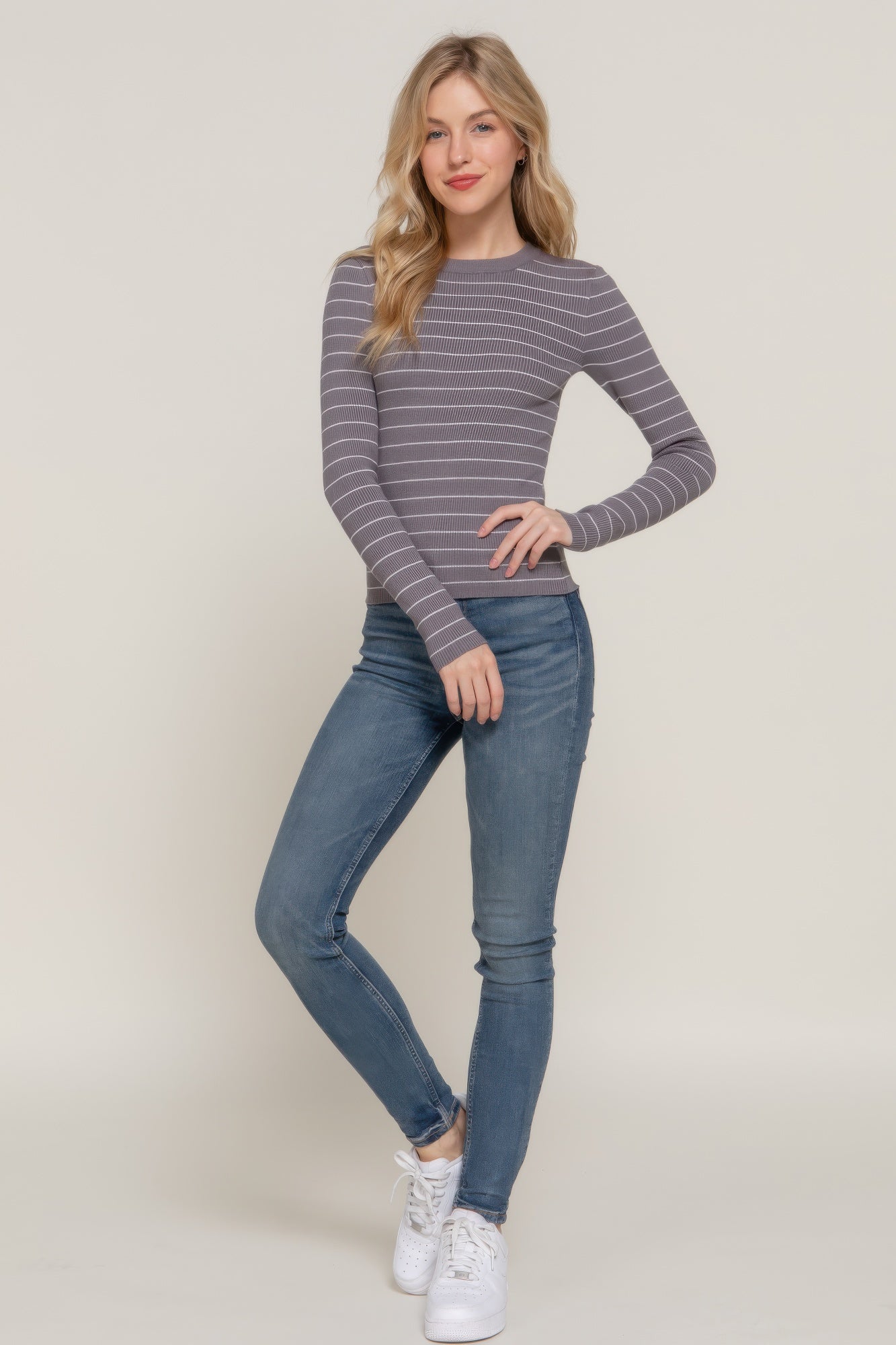 Long slv crew neck stripe sweater - All Season Fashion