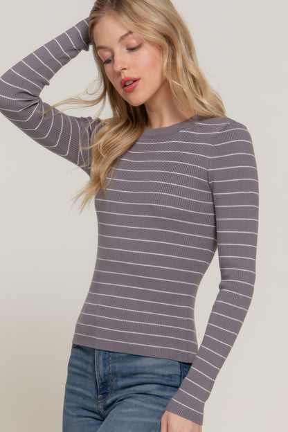Long slv crew neck stripe sweater - All Season Fashion
