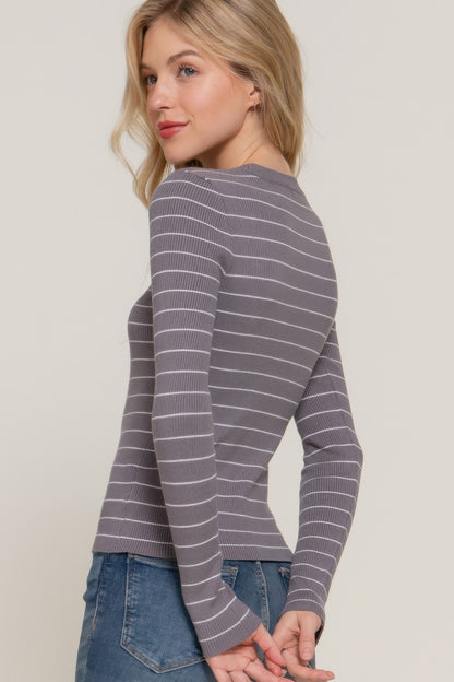 Long slv crew neck stripe sweater - All Season Fashion