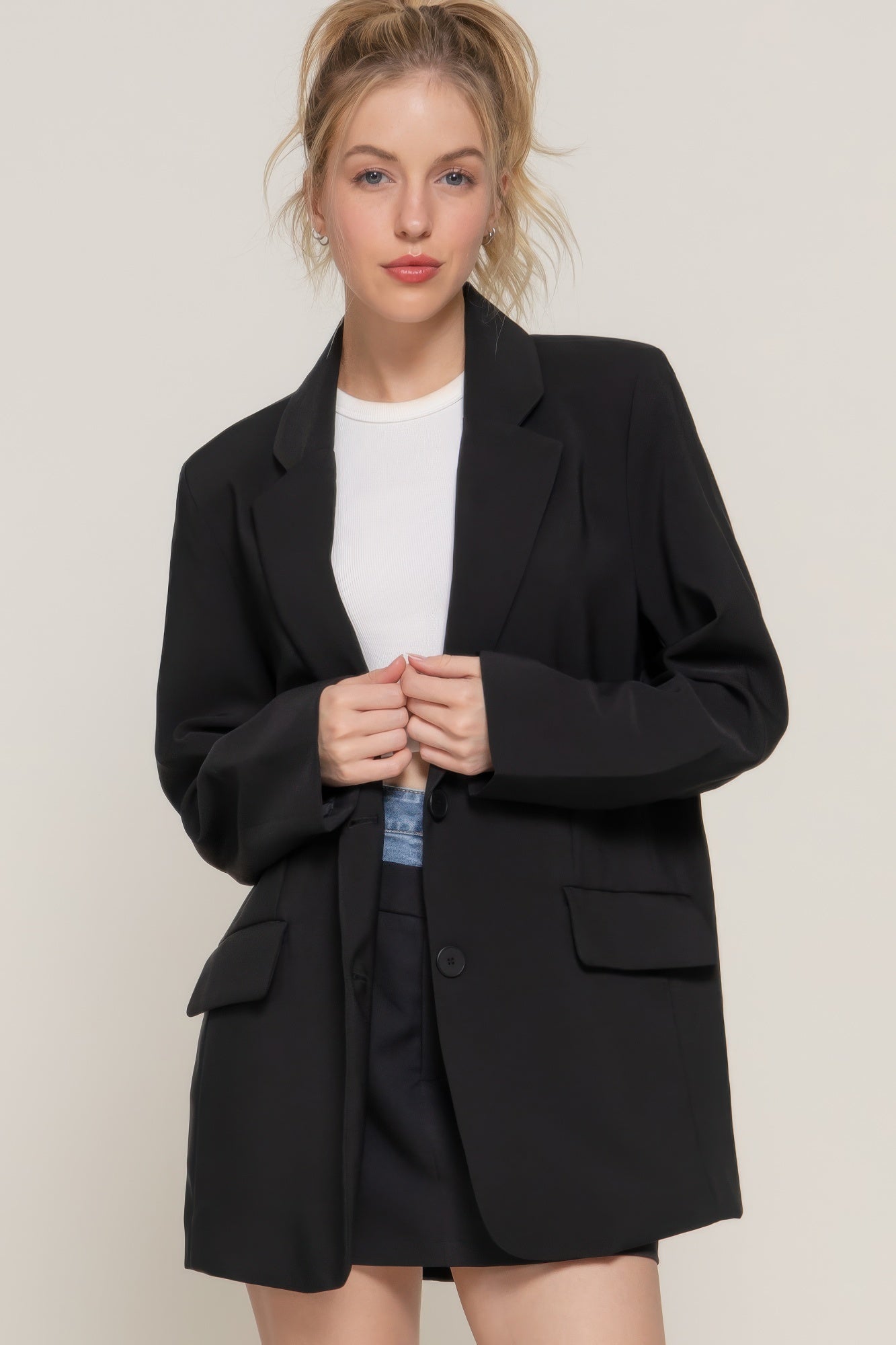 Long slv front button closure blazer - All Season Fashion
