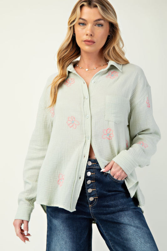 Embo detailed cotton gauze button down shirt - All Season Fashion