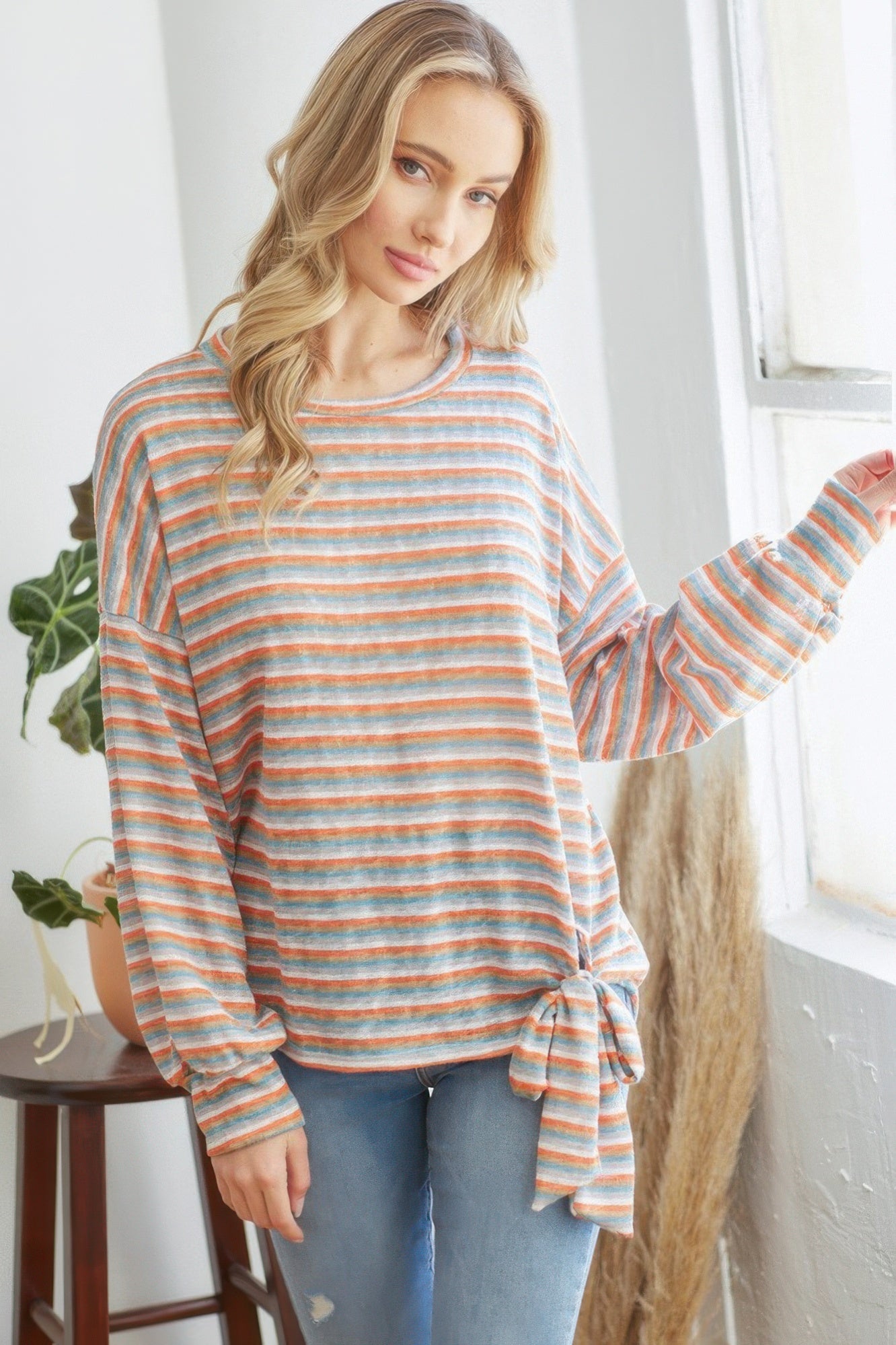 Striped Longsleeve Top With Ribbon - All Season Fashion